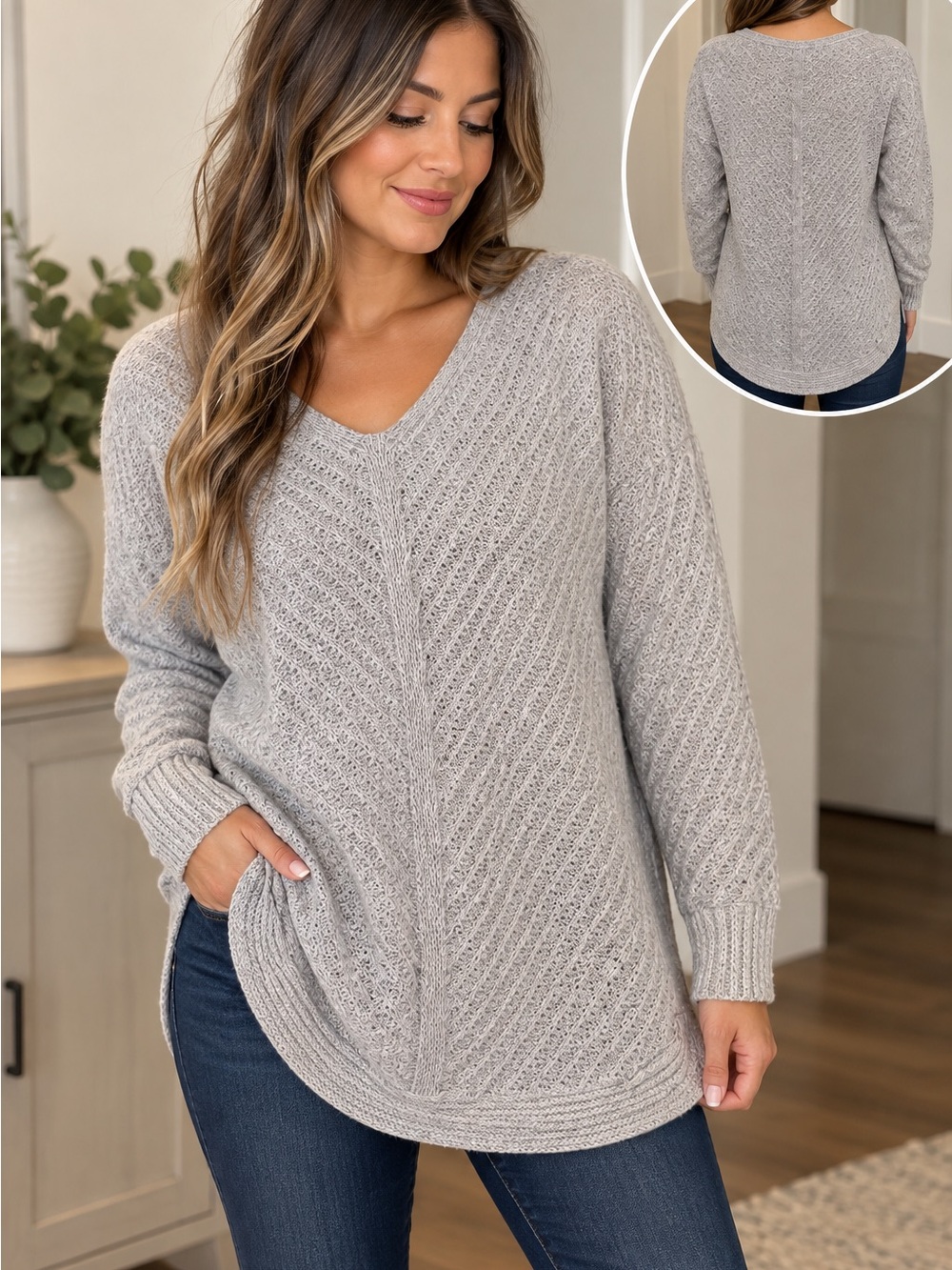 Ricki’s Grey Textured Knit V-Neck Tunic Sweater – M